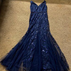 V-Neck Fishtail Hem Sequin Mesh Royal Navy Blue Dress